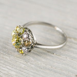 Image of .80 Yellow Diamond Edwardian Vintage Cluster Engagement Ring
