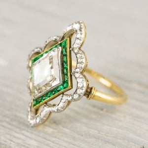 Image of 2.80 Carat Platinum on Gold Edwardian Diamond & Emerald Engagement Ring