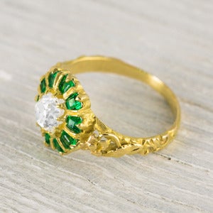 Image of .55 Carat Vintage Diamond & Emerald Gold Engagement Ring