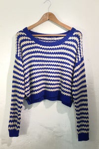 Image of open knit blue drop shoulders stripy jumper by TLO
