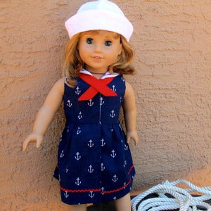Image of Sailor Dress and Sailor Hat sewing pattern BUNDLE for 18" doll PDF