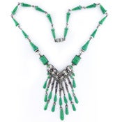 Vintage Art Deco Czech Peking Glass Ornate Silver Filigree Marcasite Drop Floral Necklace