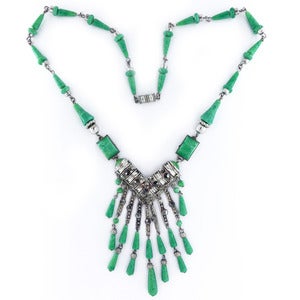 Image of Vintage Art Deco Czech Peking Glass Ornate Silver Filigree Marcasite Drop Floral Necklace