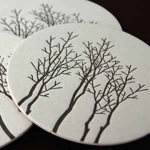 Image of gray trees, letterpress coasters