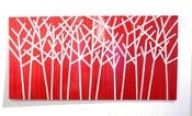 Image of Striped Trees Revealed through Red - Large Textural Painting on Wood