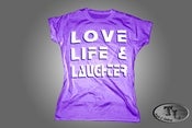Image of Ladies Love Life & Laughter T (Purple/ White Font)