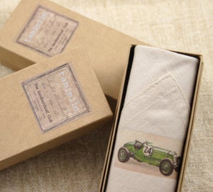 Image of Man's Handkerchief in a gift Box: Green Car