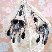 Image of black & blue silver trapeze chandelier earrings