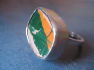 Image of chunky silver ring green/orange