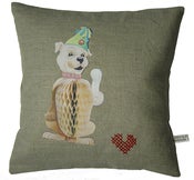 Image of Handmade cushion on natural linen and cotton – Charlie loves his bone