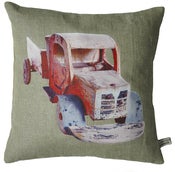 Image of Handmade cushion on natural linen and cotton – Red Vintage Truck