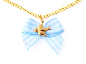 Image of Blue Gingham Bow Necklace With Gold Swallow