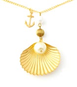 Image of Gold Shell Pearl Necklace With Small Anchor Charm