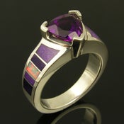 Image of Unique sterling silver Amethyst ring with inlaid Australian opal and sugilite
