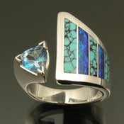 Image of Spiderweb turquoise and Australian opal inlay ring with blue topaz