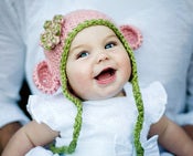 Image of Organic Cotton Chunky Mini monkey Flap Hat Cherry Blossom with Pistachio Trim and flower
