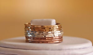 TRI COLOR: 14k rose / pink gold filled, yellow gold filled and sterling silver hammered stackable rings :  color tricolor stacking stackable