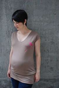 Image of bird on brown banded maternity tunic