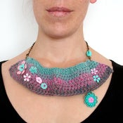 Image of pink & green flowered crochet Bib Necklace