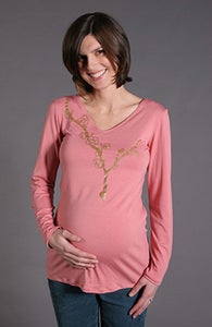 Image of pink long sleeve bronze blossom maternity top