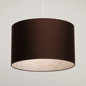 Image of Chocolate brown silk lampshade with gold print on white paper