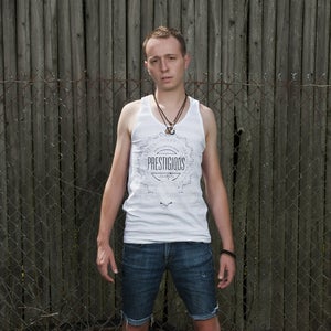 Image of Men's badge tank heather gray/white stripe - 100% cotton American Apparel tank