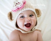 Image of Cotton Mini Monkey Flap Hat- Beige with Oatmeal Trim and 3 layer flower