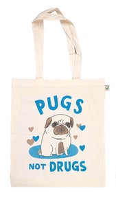 Image of Pugs Not Drugs Tote - White and Blue