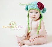 Image of Cotton Mini Monkey Flap Hat - Aqua with Lime Trim TM
