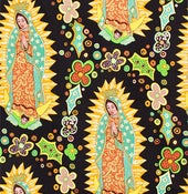 Image of FF Our Lady of Guadalupe Cotton Quilt Fabric Mexico Los Sanctos Black
