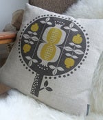 Image of pomegranate tree cushion in yellow on natural linen union