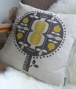 Image of pomegranate tree cushion in yellow on natural linen union