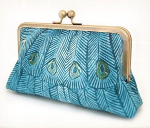 Image of Teal peacock, original silk-lined clutch bag