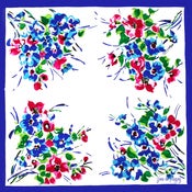 Image of Carré de coton 4 bouquets à bord bleu/ Cotton scarf with 4 bunches, blue border