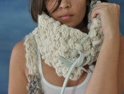 Image of exaggerated chain cowl. wearable fiber art.