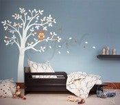 Image of Vinyl Wall Decal Art- Hooting Owl on Woodland Tree Girl or Boy with free growth chart - dd1020