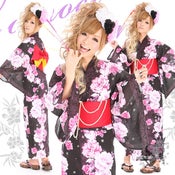 Image of Black Pink Peony Japanese Kimono Pre-tied Obi Geta Sandals Set