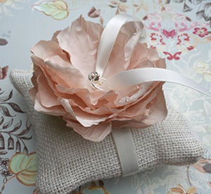 Image of Rustic Burlap Ring Pillow with Champagne Silk Flower