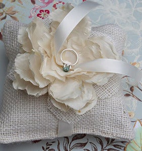 Image of Rustic Chic Burlap Ring Pillow with Silk Peony Flower