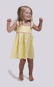 Image of Empire line gathered pinafore dress –yellow twill with hot pink cambric piping & reversible straps