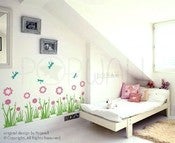 Image of Wall Decal Grass Land with Flowers and Dragonflies - 077