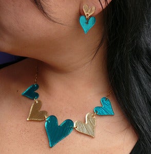 Image of Teal Mirror & Gold Mirror Heart Line Quintet Necklace