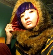 Image of faux fur hood with red crushed velvet lining OS 