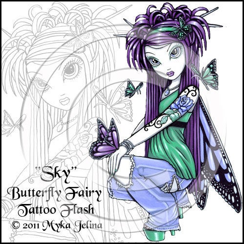Image of Sky Blue Rose Butterfly Fairy Tattoo Flash