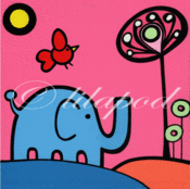 Image of elephant and little red bird (greetings card)