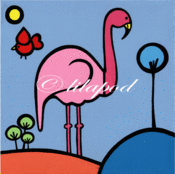 Image of flamingo and little red bird (greetings card)