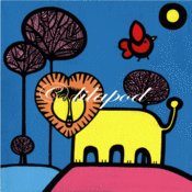 Image of lion and little red bird (greetings card)