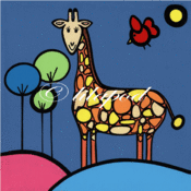 Image of giraffe and little red bird (greetings card)