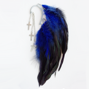 Image of Ear cuff with blue rooster feathers and 3 silver coloured crosses