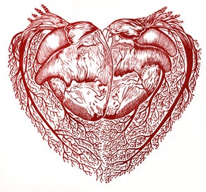 Image of Stregas want love too. Limited hand printed giant lino print. approx A2 size. Hearts